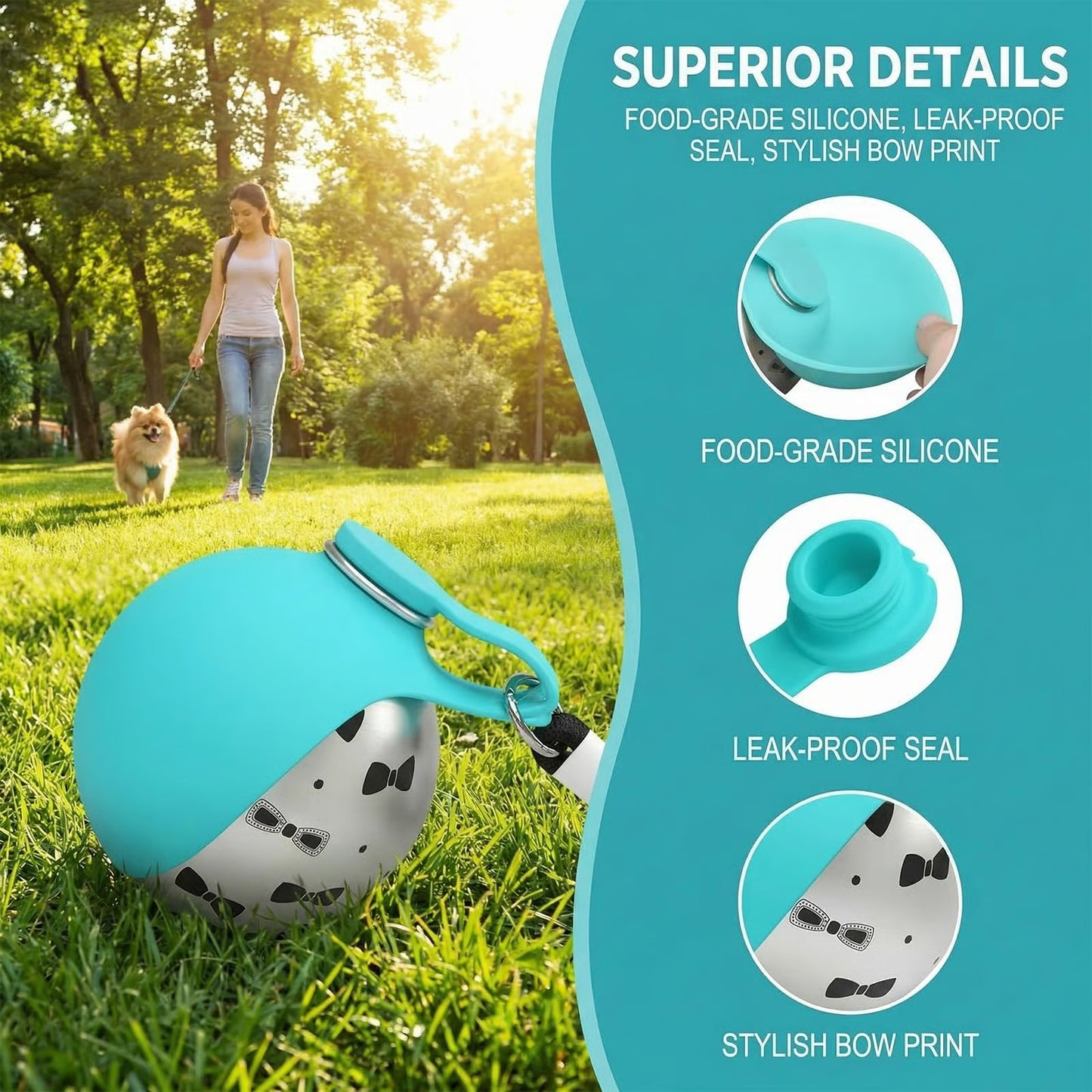 Hydration Made Simple:
Flip: Open the silicone leaf to form a sturdy drinking bowl.
Pour: Uncap and tilt to dispense the perfect amount of fresh water.
Recycle: Tilt back to let extra water flow back in, fold the leaf, and go.
"This is the best dog gear I've bought this year. It clips right to my bag, doesn't leak a drop, and my lab loves drinking from the wide leaf. Plus, the stainless steel feels so much more high-end than plastic."