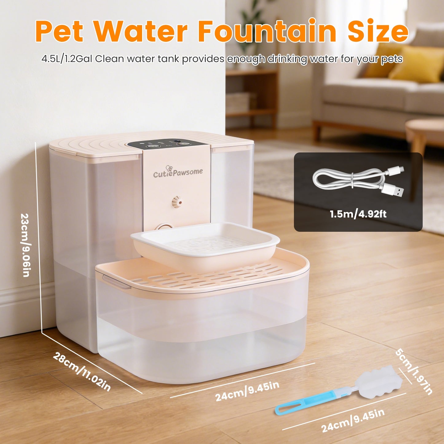1Pc Smart Pet Water Fountain Automatic Cat Water Dispenser 4.5L Cordless Rechargeable Dog Water Fountain Self-Refill with 3 Adjustable Volume 3 Time Intervals Remote Control Cleaning Brush