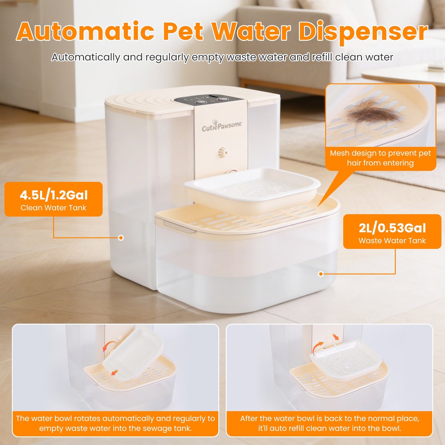 1Pc Smart Pet Water Fountain Automatic Cat Water Dispenser 4.5L Cordless Rechargeable Dog Water Fountain Self-Refill with 3 Adjustable Volume 3 Time Intervals Remote Control Cleaning Brush