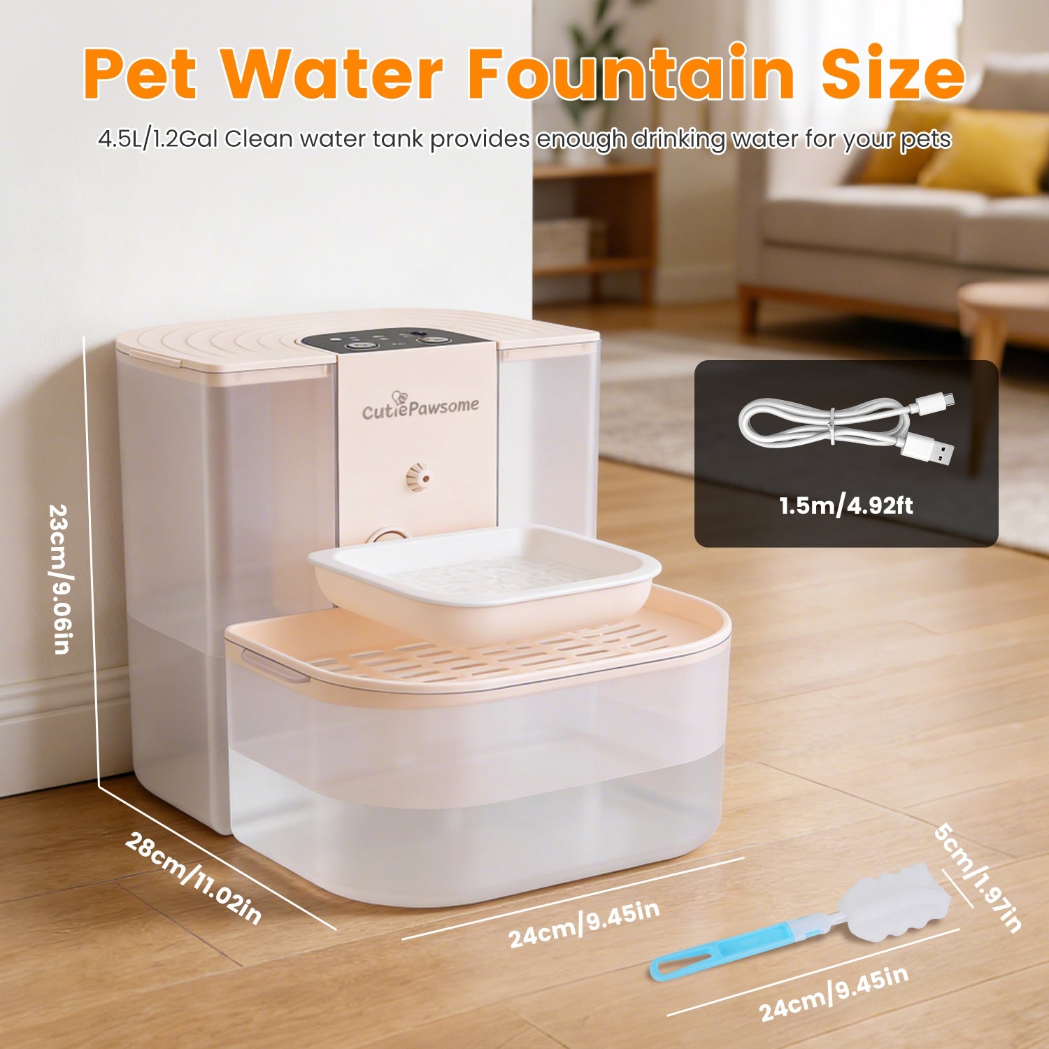 1Pc Smart Pet Water Fountain Automatic Cat Water Dispenser 4.5L Cordless Rechargeable Dog Water Fountain Self-Refill with 3 Adjustable Volume 3 Time Intervals Remote Control Cleaning Brush